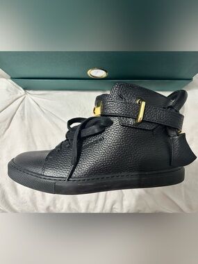 Buscemi Black Pebbled Leather High-Top Sneaker with Gold Hardware